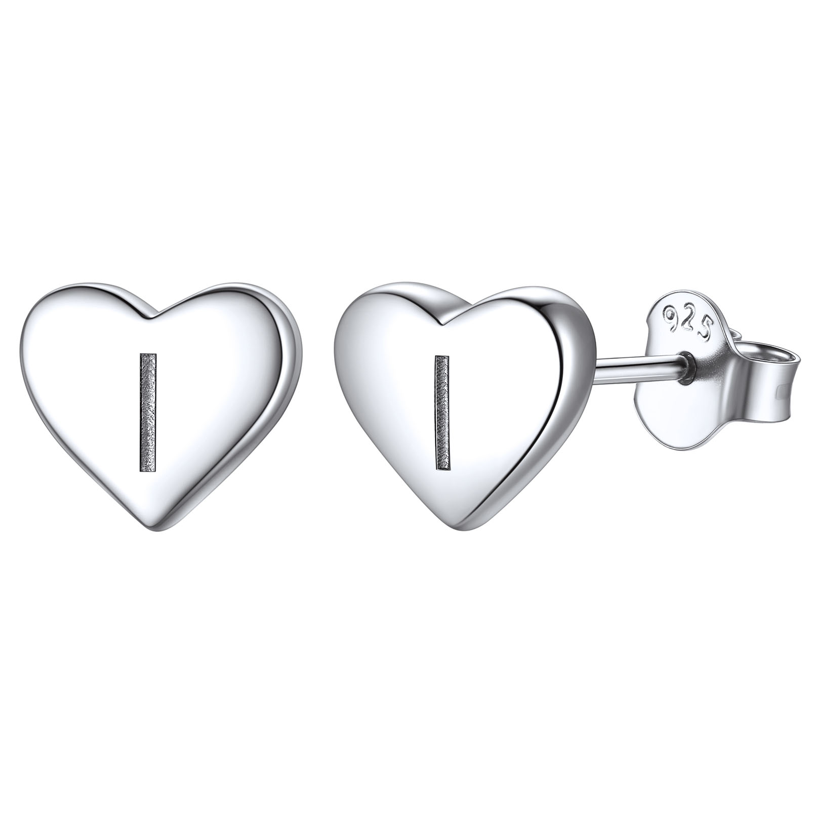 Boucles d’Oreilles Clous Cœur avec Initiale en Argent Sterling 925 I