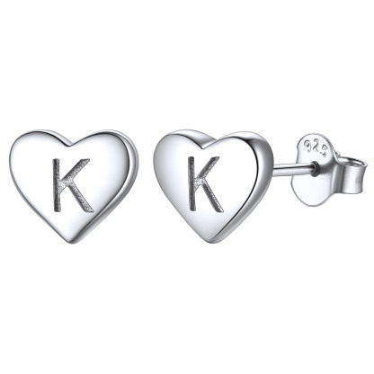 Boucles d’Oreilles Clous Cœur avec Initiale en Argent Sterling 925 K