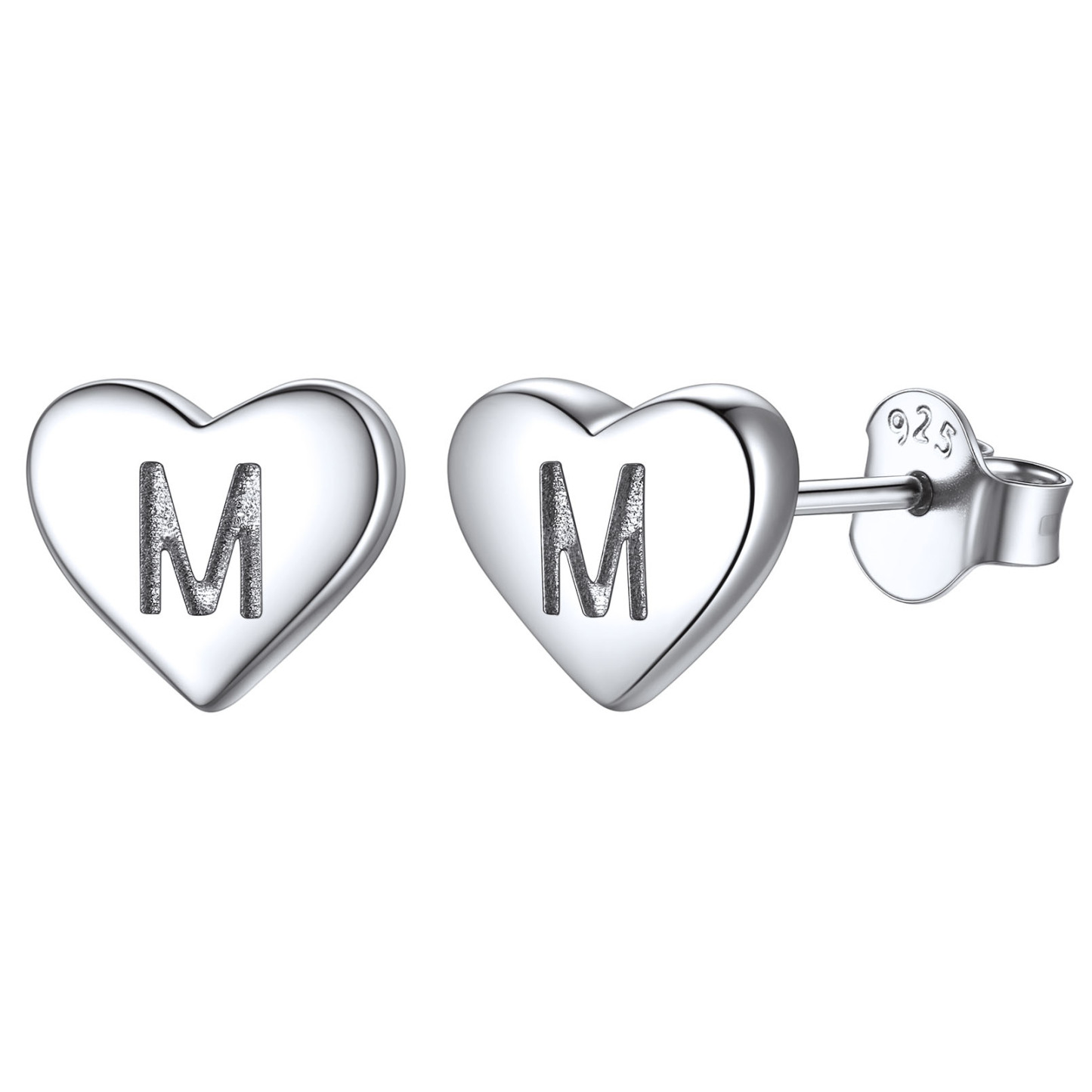 Boucles d’Oreilles Clous Cœur avec Initiale en Argent Sterling 925 M