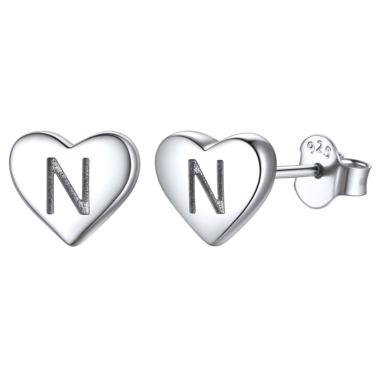 Boucles d’Oreilles Clous Cœur avec Initiale en Argent Sterling 925 N