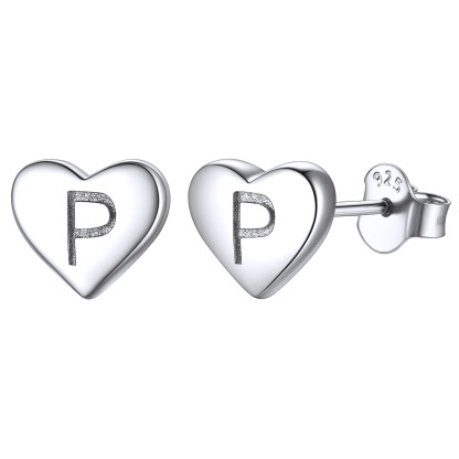 Boucles d’Oreilles Clous Cœur avec Initiale en Argent Sterling 925 P