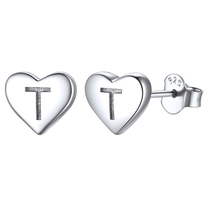 Boucles d’Oreilles Clous Cœur avec Initiale en Argent Sterling 925 T