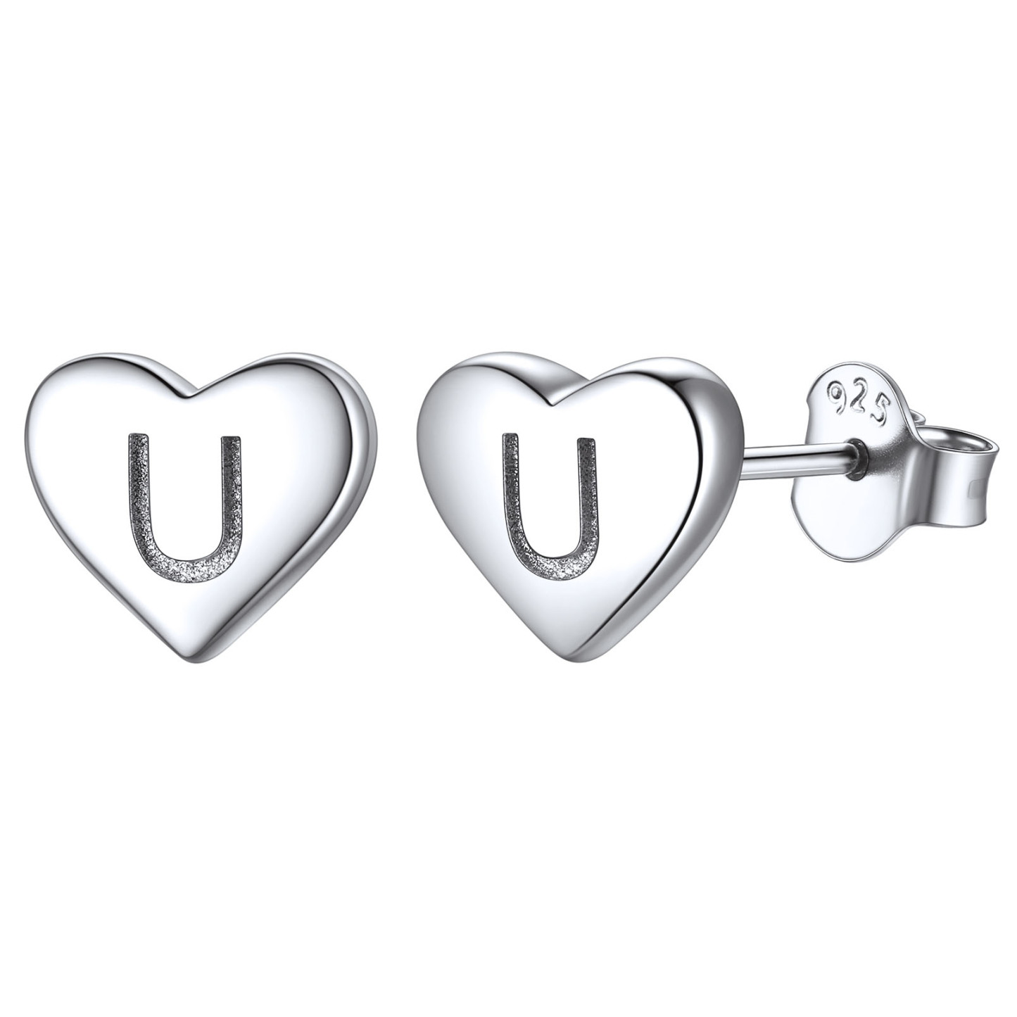 Boucles d’Oreilles Clous Cœur avec Initiale en Argent Sterling 925 U