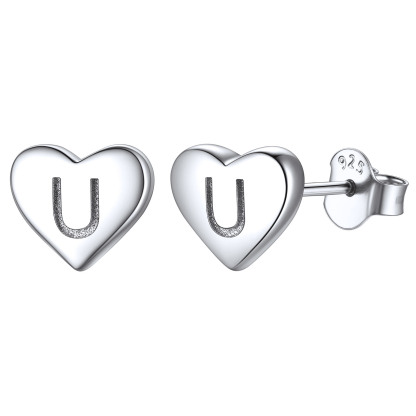 Boucles d’Oreilles Clous Cœur avec Initiale en Argent Sterling 925 U