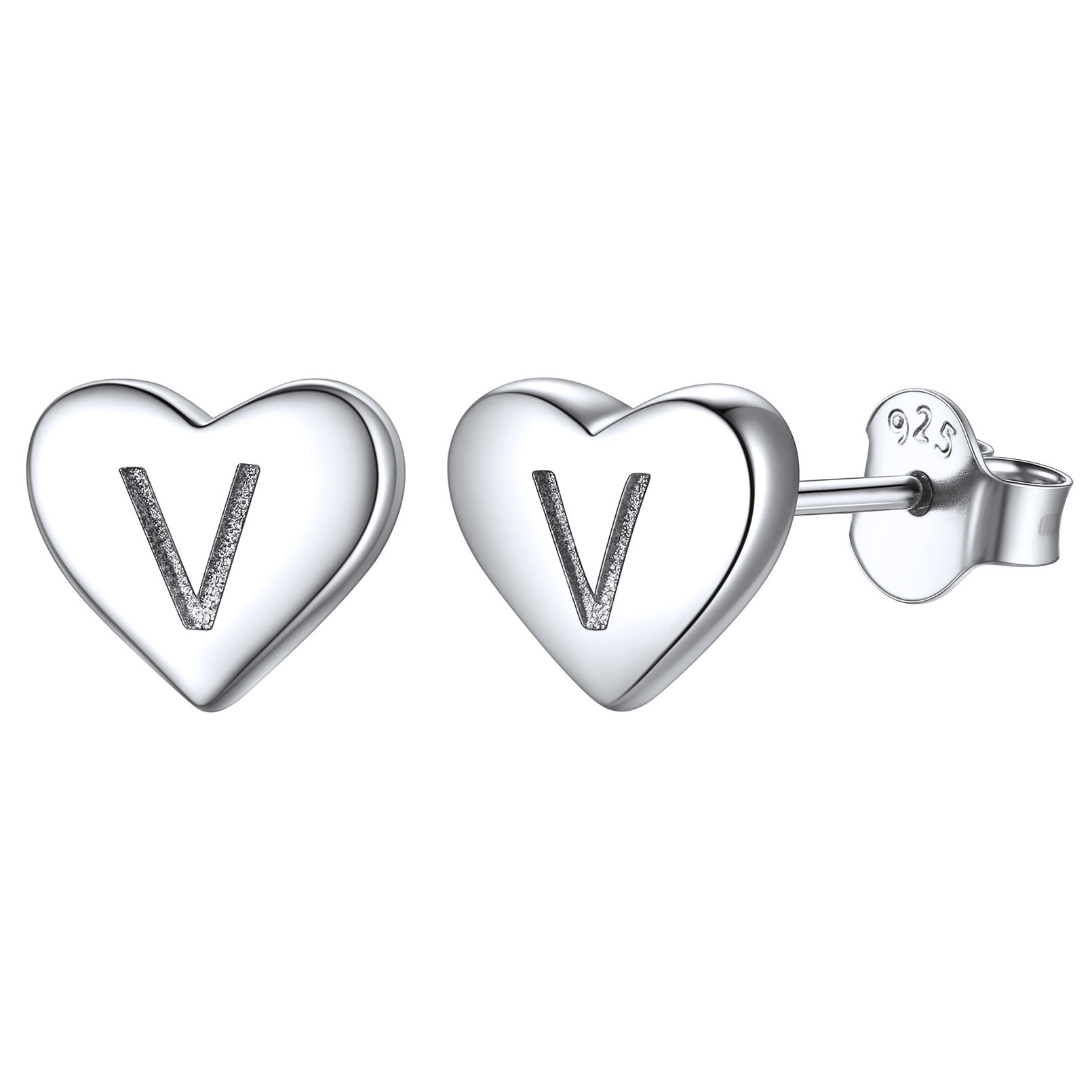 Boucles d’Oreilles Clous Cœur avec Initiale en Argent Sterling 925 V