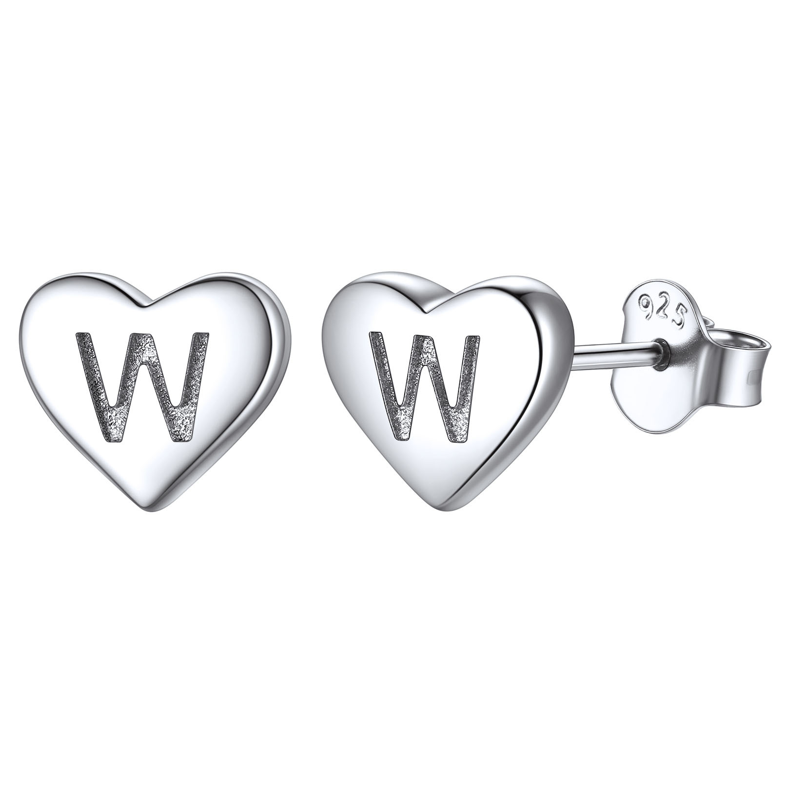 Boucles d’Oreilles Clous Cœur avec Initiale en Argent Sterling 925 W