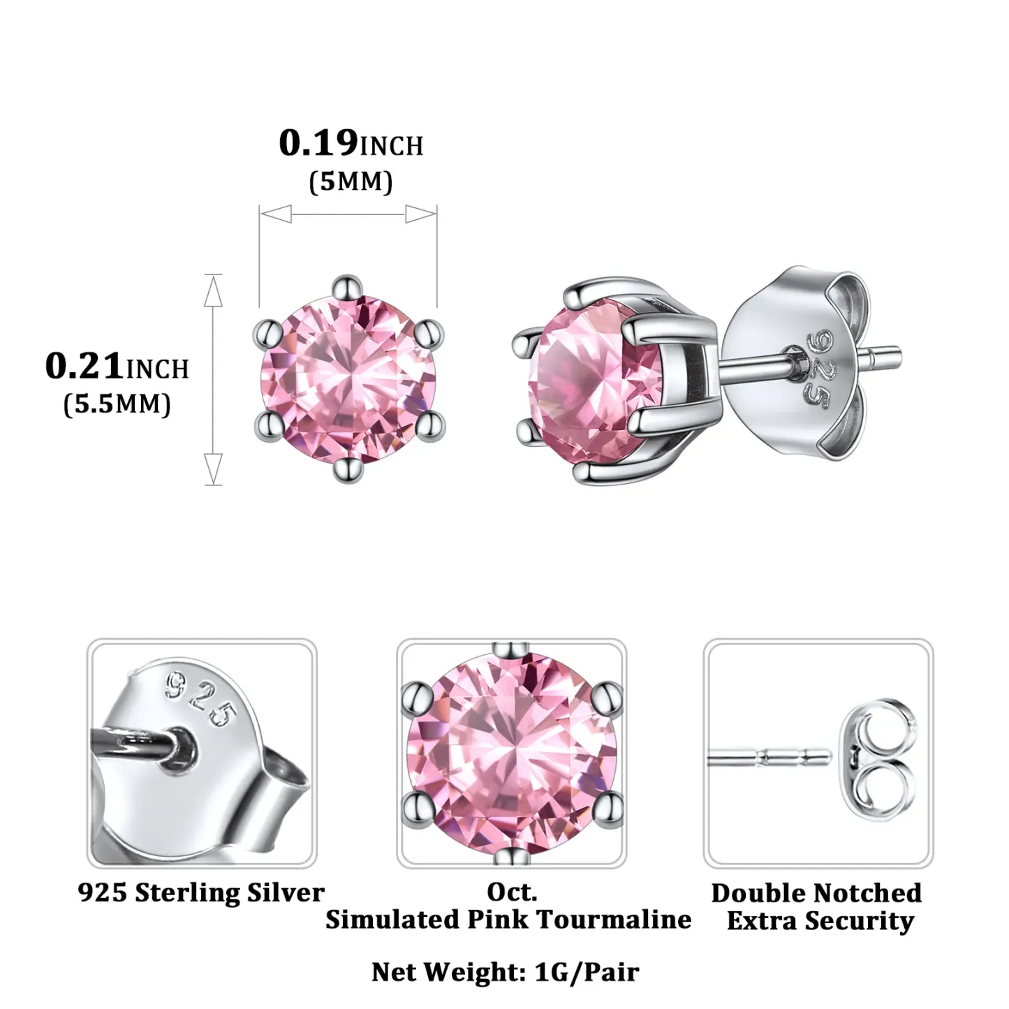 Boucles d’Oreilles Rondes en Argent Sterling avec Pierre de Naissance Taille