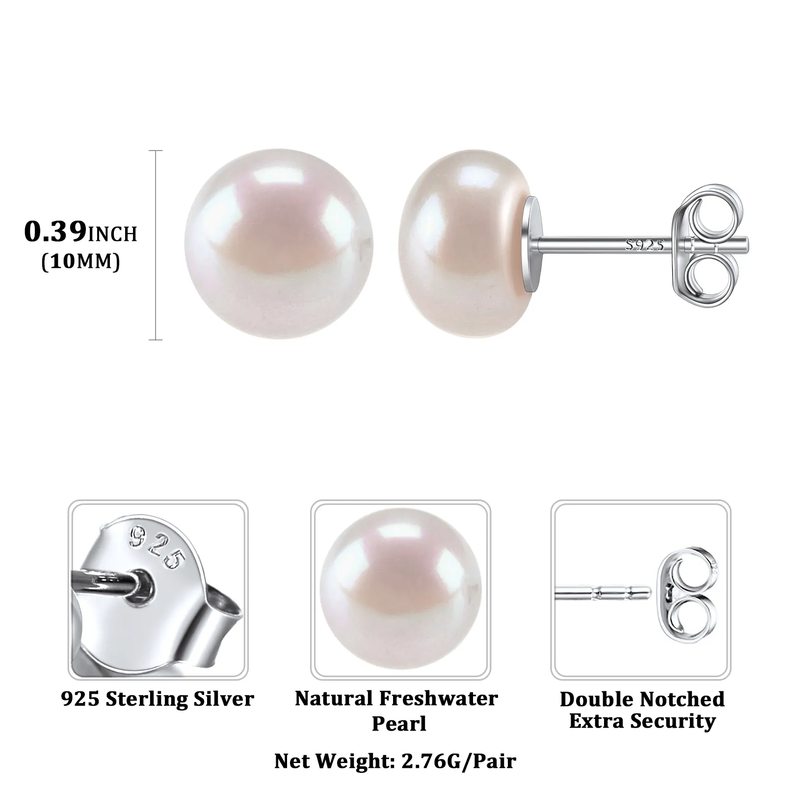 Boucles d’Oreilles Clous en Argent avec Perles d’Eau Douce pour Femmes 10mm