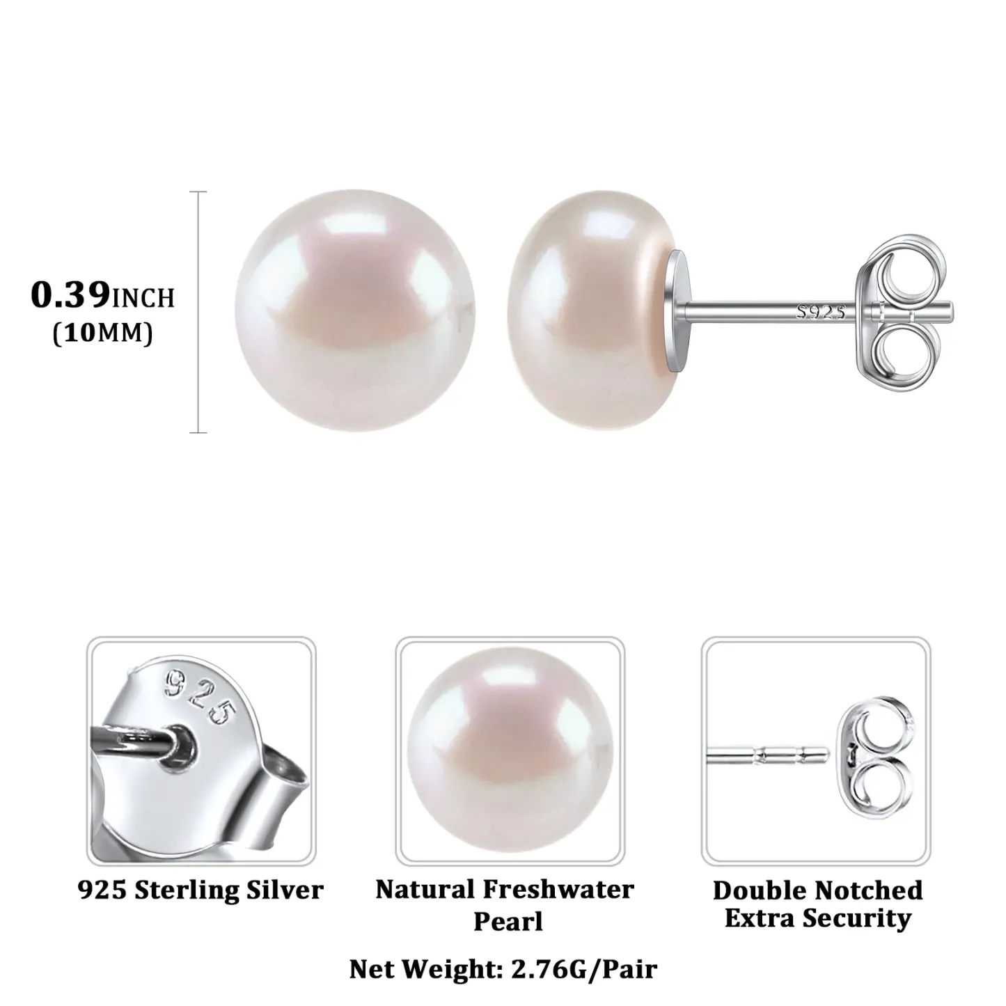 Boucles d’Oreilles Clous en Argent avec Perles d’Eau Douce pour Femmes 10mm