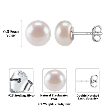 Boucles d’Oreilles Clous en Argent avec Perles d’Eau Douce pour Femmes 10mm