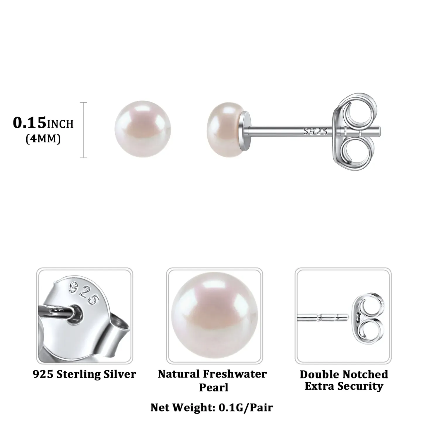 Boucles d’Oreilles Clous en Argent avec Perles d’Eau Douce pour Femmes 4mm
