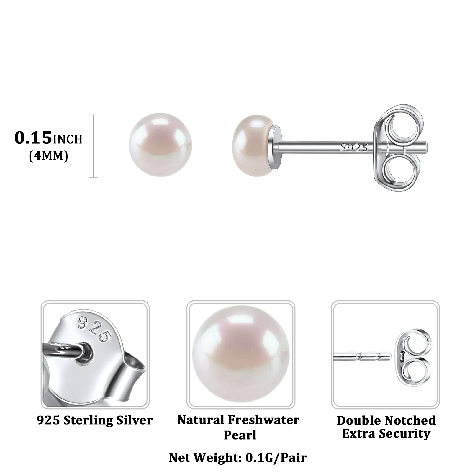 Boucles d’Oreilles Clous en Argent avec Perles d’Eau Douce pour Femmes 4mm