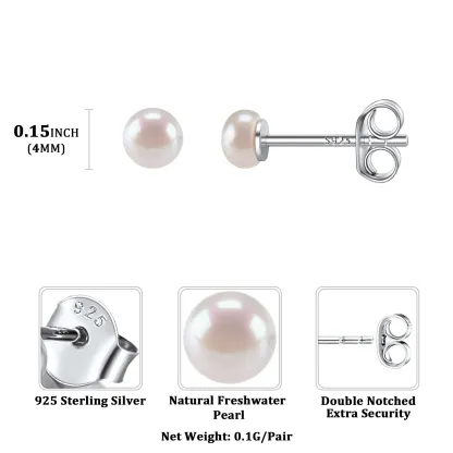 Boucles d’Oreilles Clous en Argent avec Perles d’Eau Douce pour Femmes 4mm