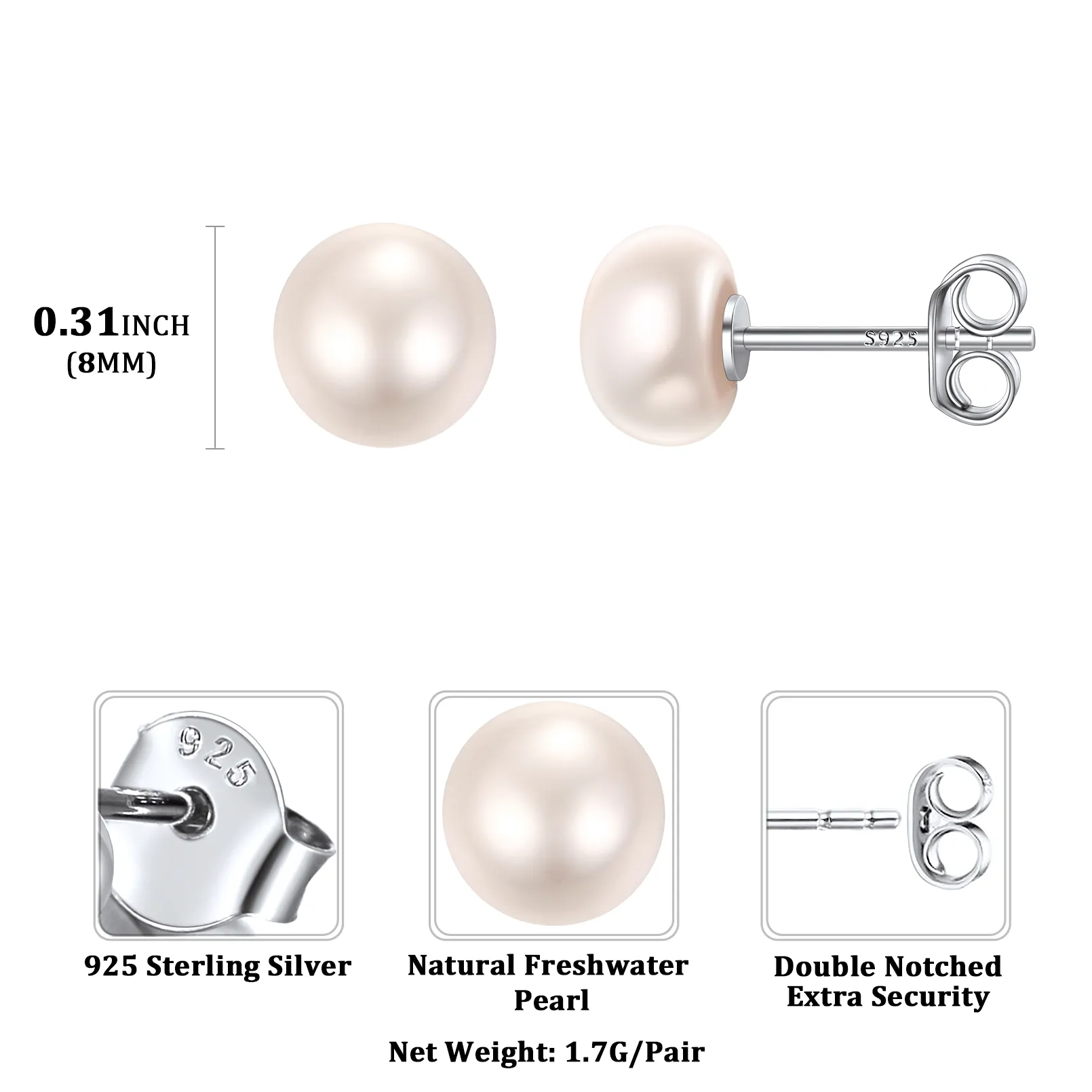 Boucles d’Oreilles Clous en Argent avec Perles d’Eau Douce pour Femmes 8mm