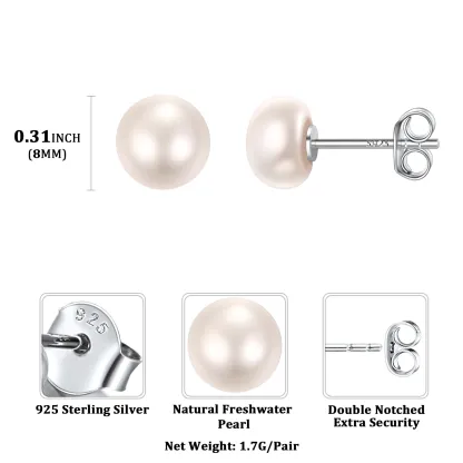 Boucles d’Oreilles Clous en Argent avec Perles d’Eau Douce pour Femmes 8mm