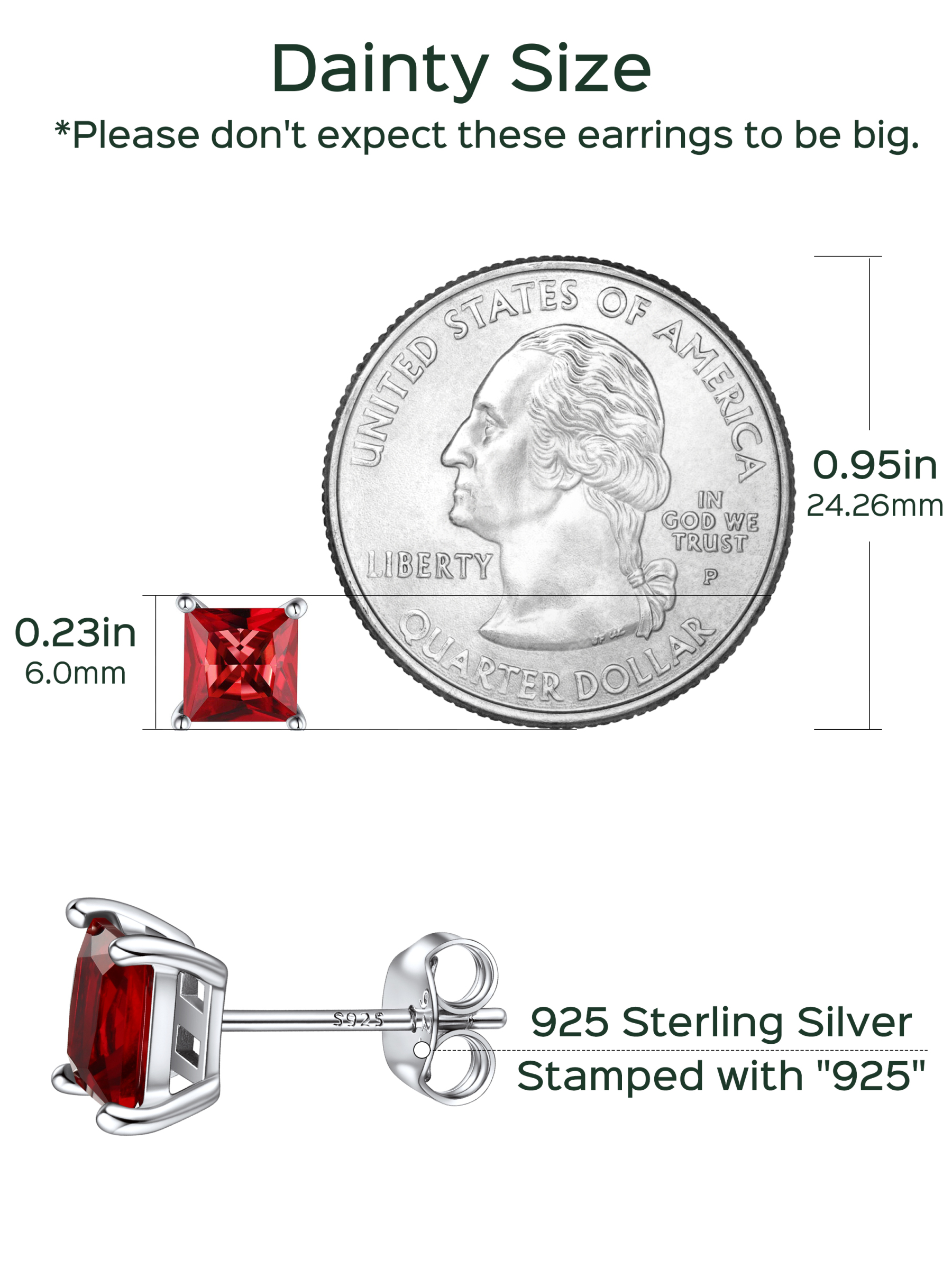 Clous Carrés en Argent Sterling 925 avec Pierre de Naissance Taille
