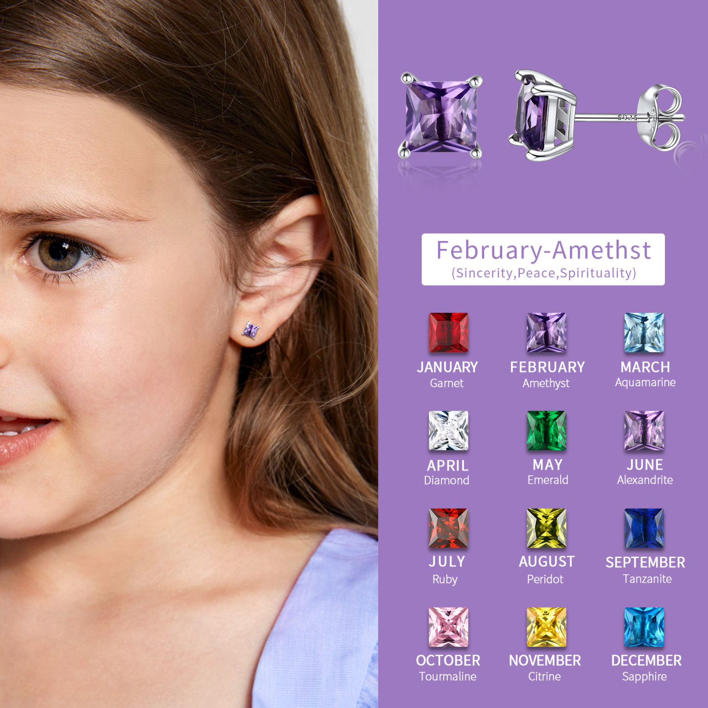 Clous Collection Carrés en Argent Sterling 925 avec Pierre de Naissance