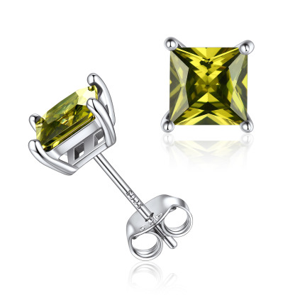 Clous Carrés en Argent Sterling 925 avec Pierre de Naissance Août-Péridot