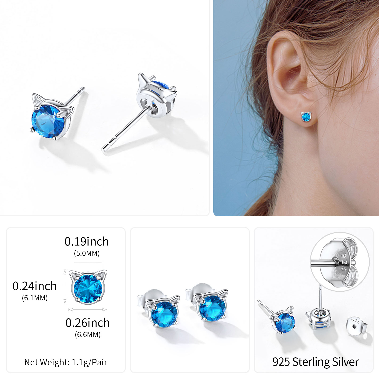 Boucles d’Oreilles Chat en Argent 925 avec Pierre de Naissance Détail