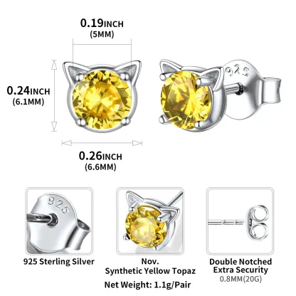 Boucles d’Oreilles Chat en Argent 925 avec Pierre de Naissance Taille