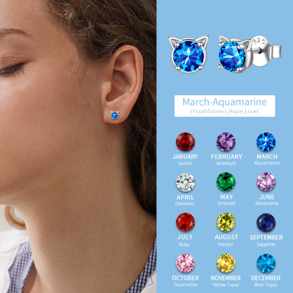 Boucles d’Oreilles Chat avec Pierre de Naissance Mars-Aiguemarine