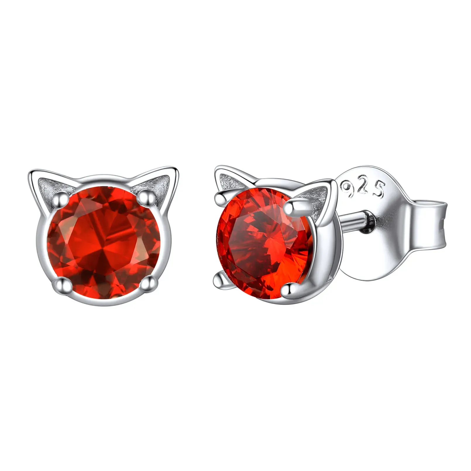 Boucles d’Oreilles Chat en Argent 925 avec Pierre de Naissance Juillet-Rubis