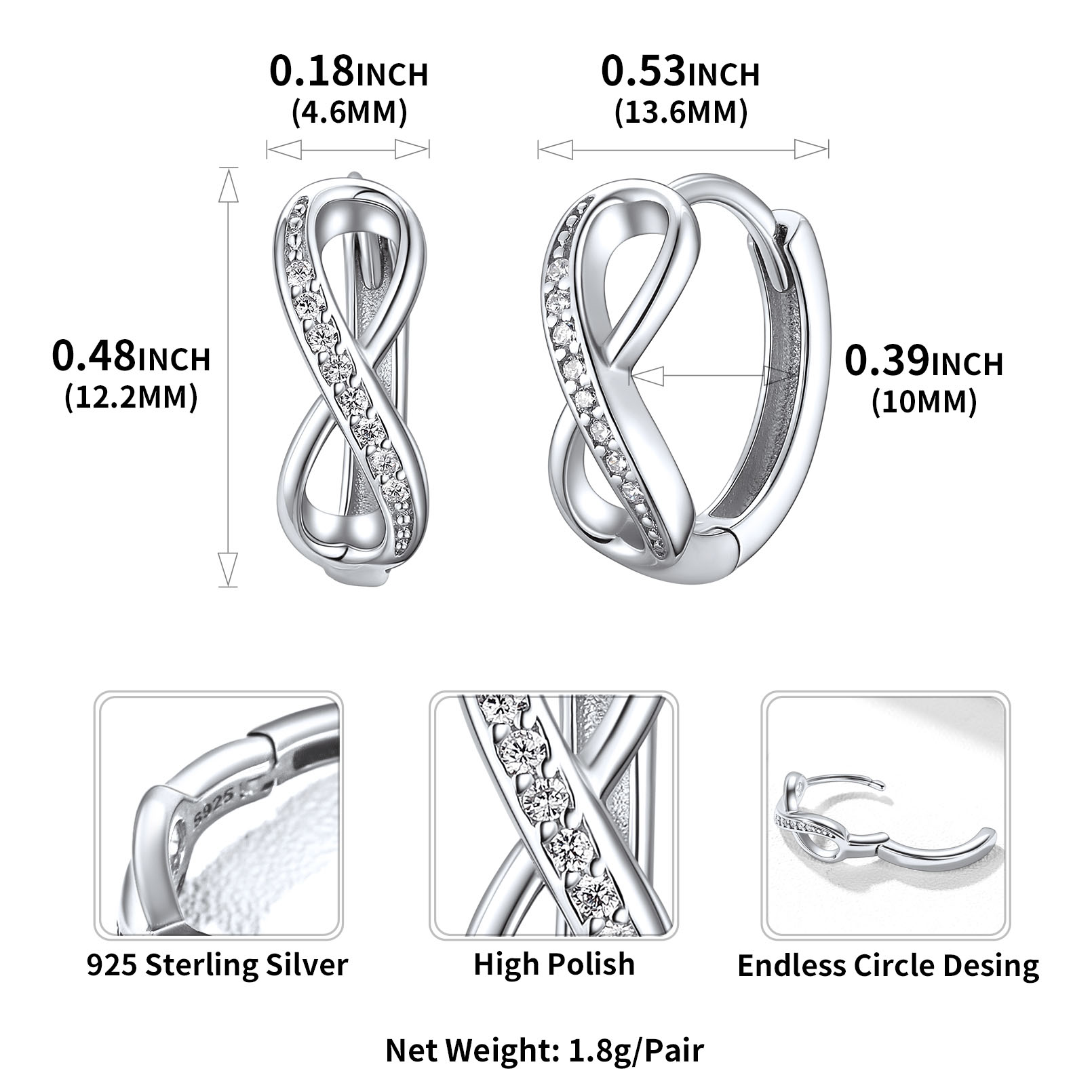 Créoles Infini en Argent Sterling 925 pour Femme Taille