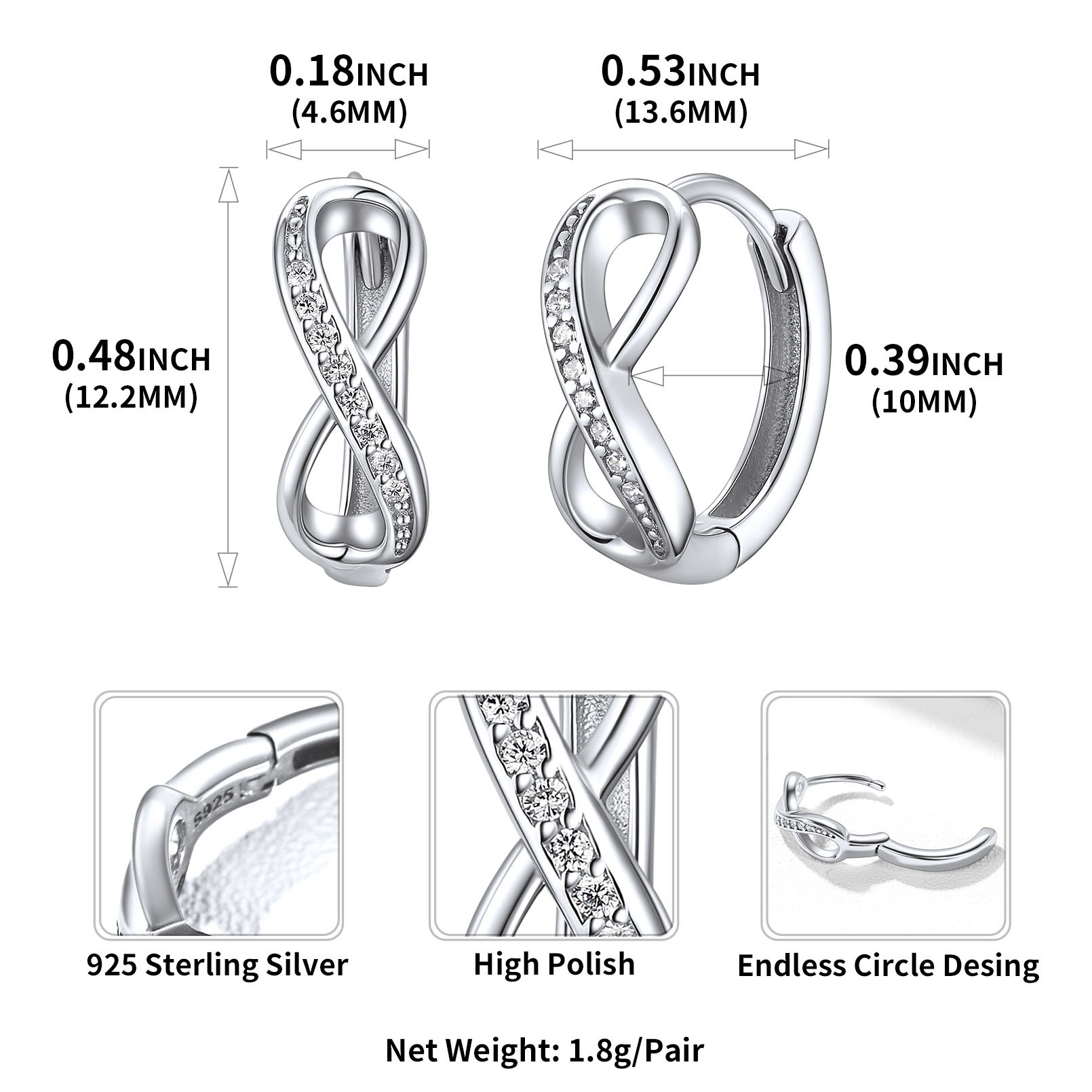 Créoles Infini en Argent Sterling 925 pour Femme Taille