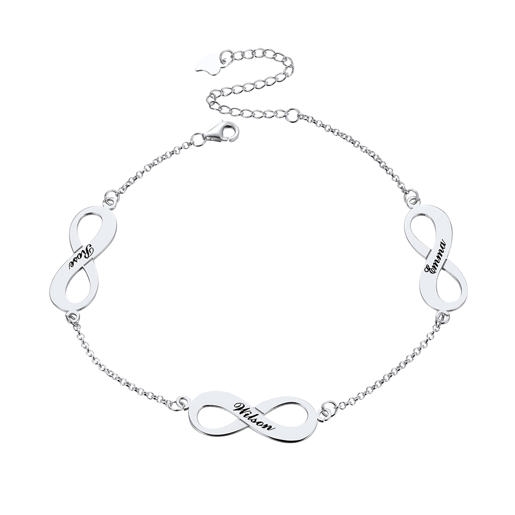 Bracelet de Cheville Personnalisé Infini avec 3 Noms Gravés pour Femme Argenté