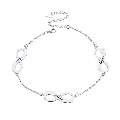 Bracelet de Cheville Personnalisé Infini avec 3 Noms Gravés pour Femme Argenté