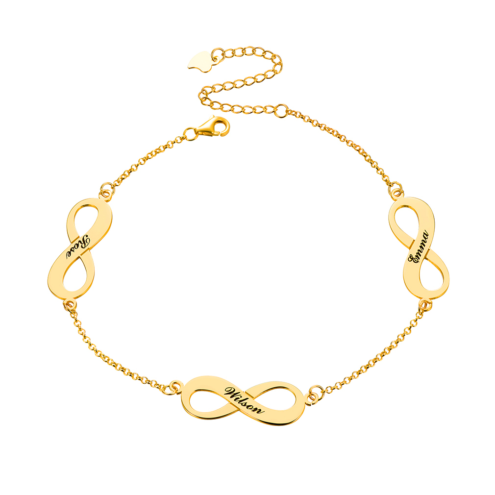 Bracelet de Cheville Personnalisé Infini avec 3 Noms Gravés pour Femme Or