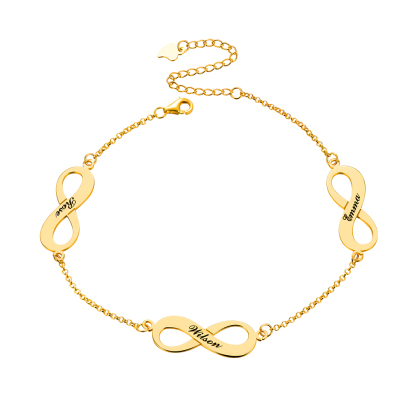 Bracelet de Cheville Personnalisé Infini avec 3 Noms Gravés pour Femme Or