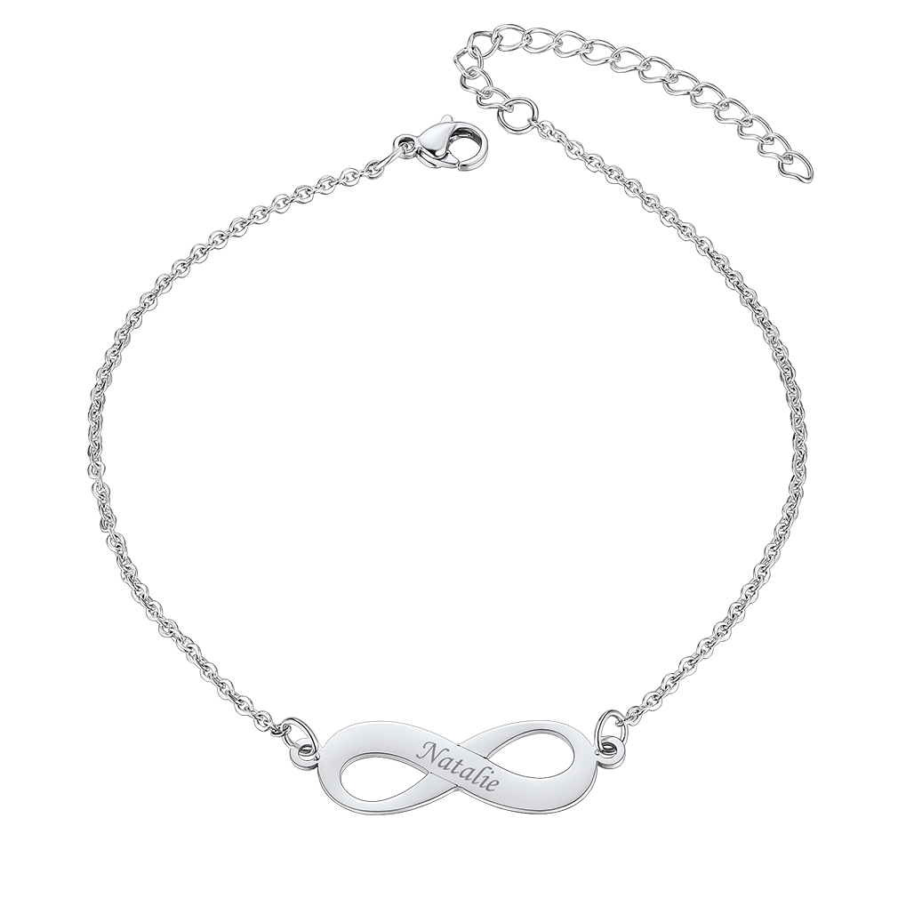 Bracelet de Cheville Infini Gravé Personnalisé pour Femme Argenté en Argent inoxydable