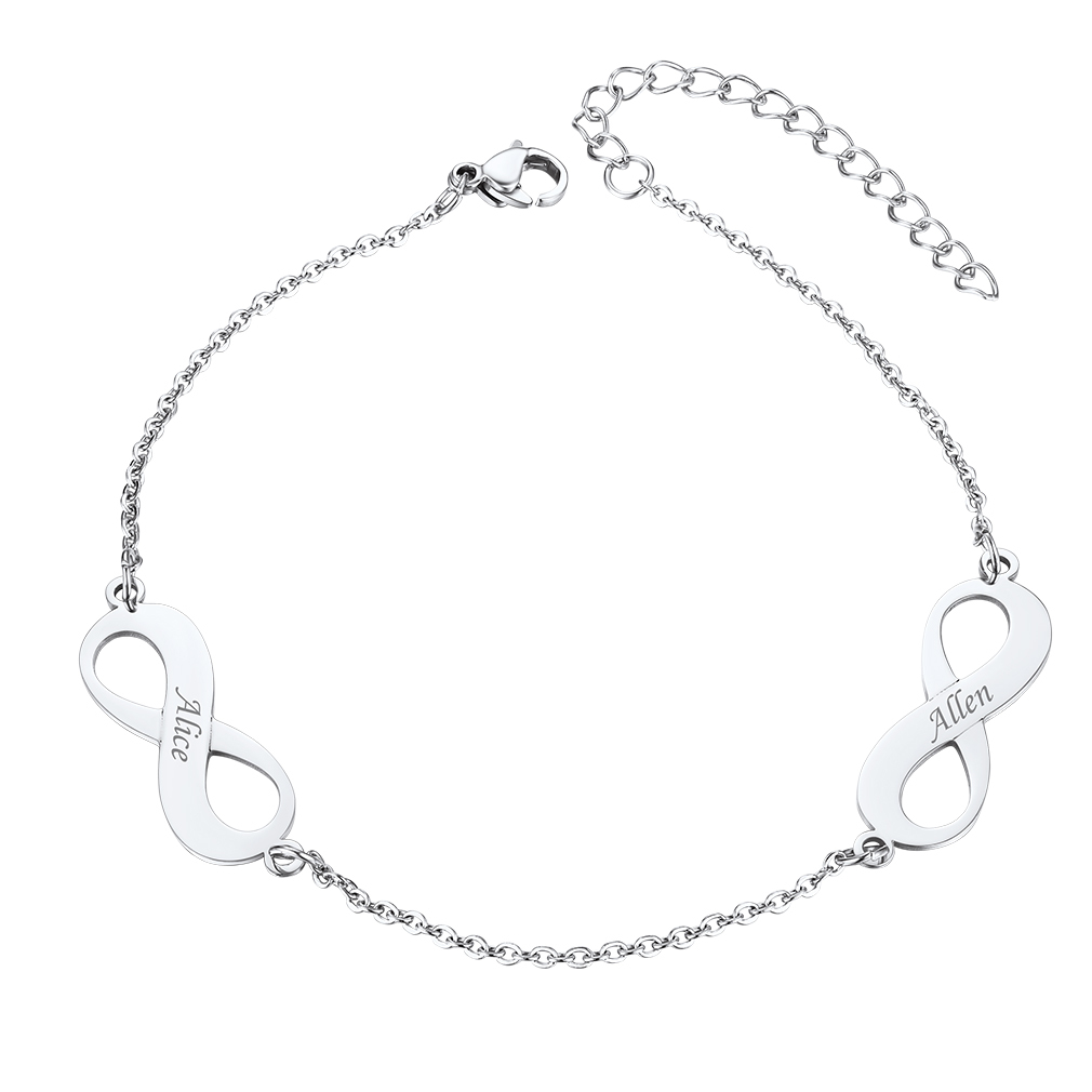 Bracelet de Cheville Infini Gravé Personnalisé pour Femme Argenté 2 Charms Infinis