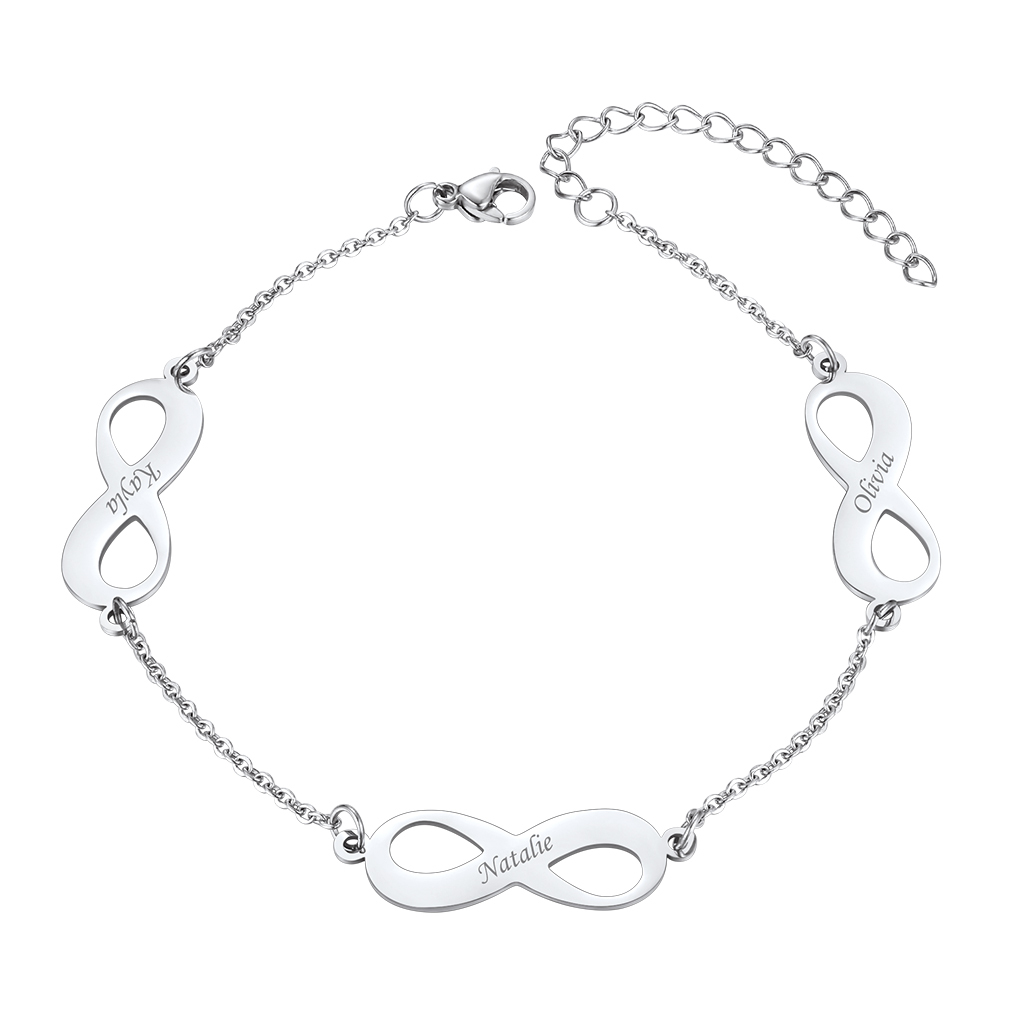 Bracelet de Cheville Infini Gravé Personnalisé pour Femme Argenté 3 Charms Infinis