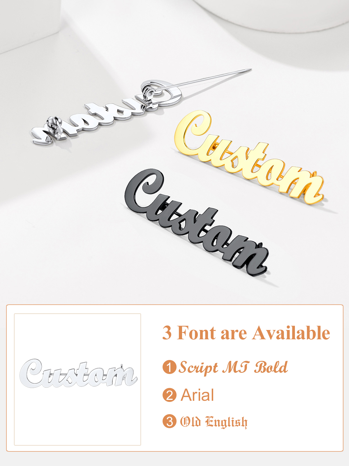 Broche Personnalisée en Acier Inoxydable avec Nom pour Femmes Font