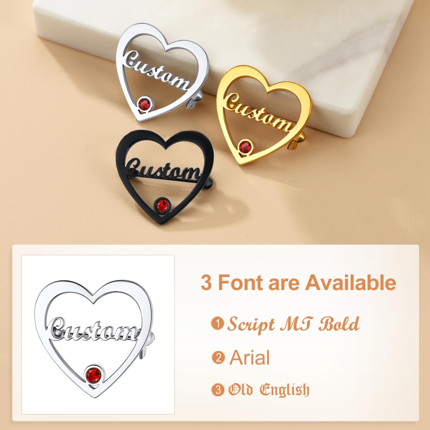 Broche Cœur Personnalisée avec Prénom et Pierre de Naissance Police