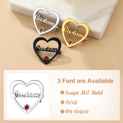 Broche Cœur Personnalisée avec Prénom et Pierre de Naissance Police