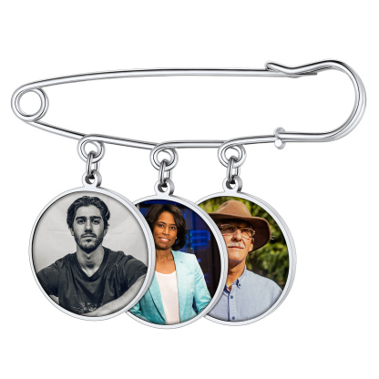 Broche Photo Personnalisée en Acier Inoxydable pour Mariage Argenté 3 Charms