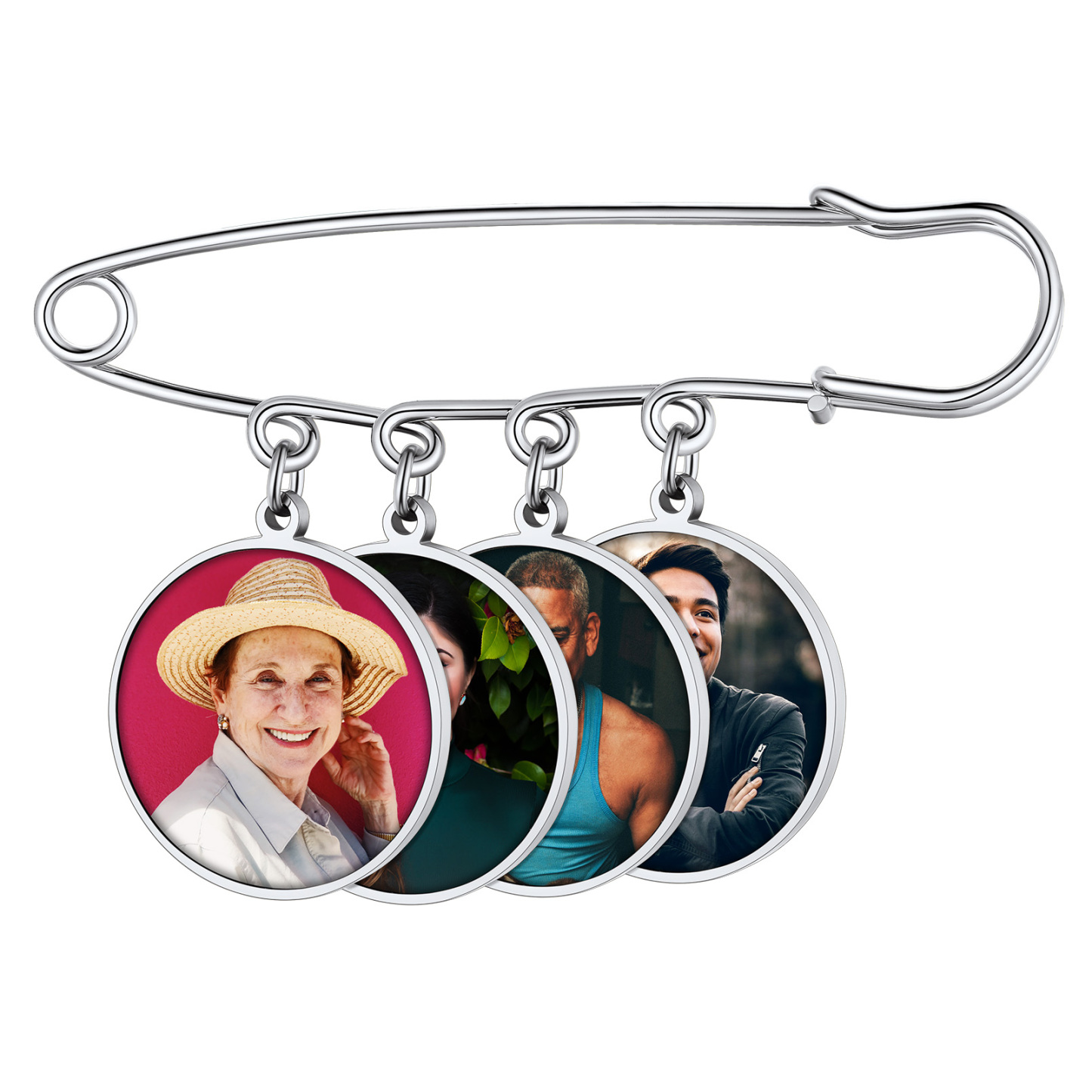 Broche Photo Personnalisée en Acier Inoxydable pour Mariage Argenté 4 Charms