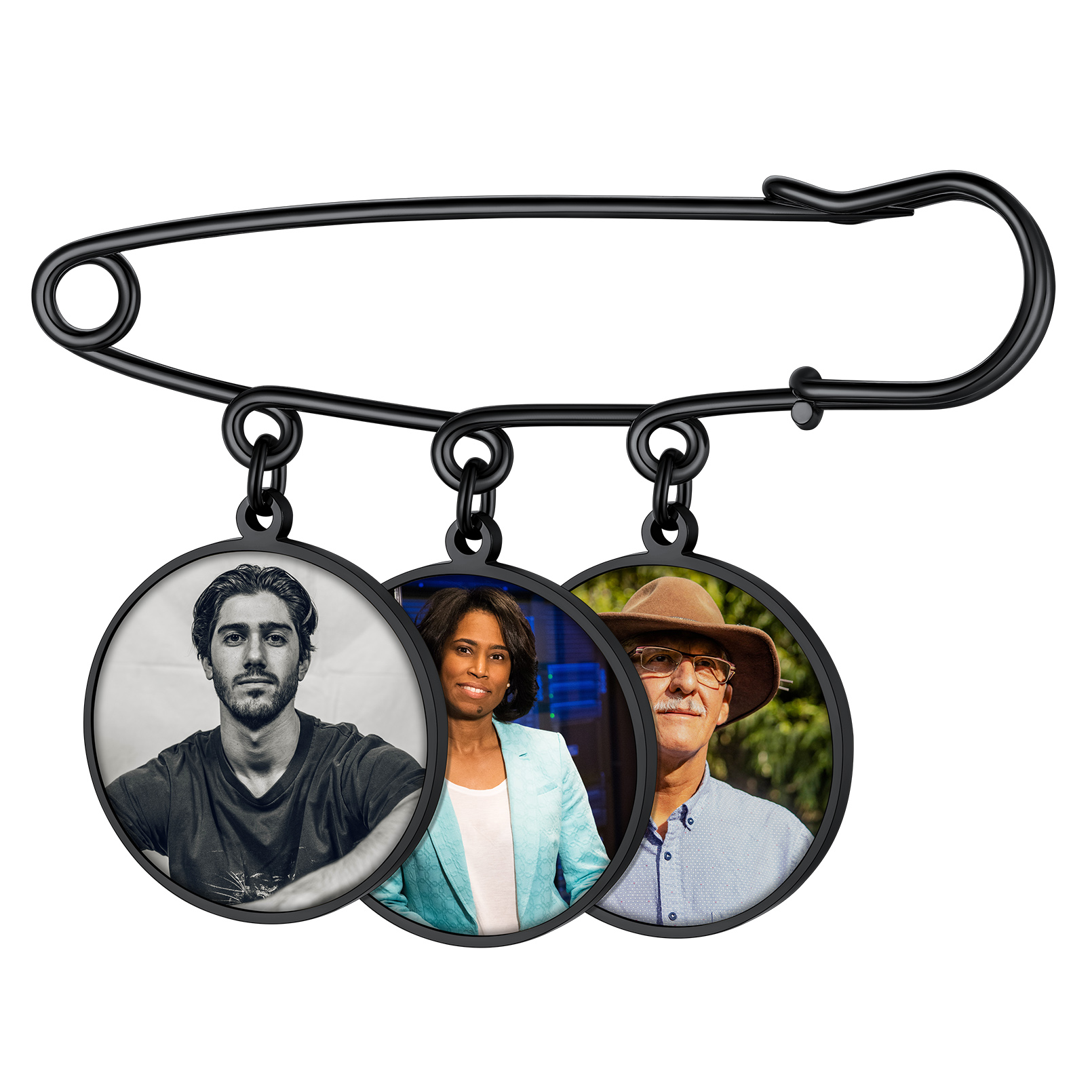 Broche Photo Personnalisée en Acier Inoxydable pour Mariage Noir 3 Charms