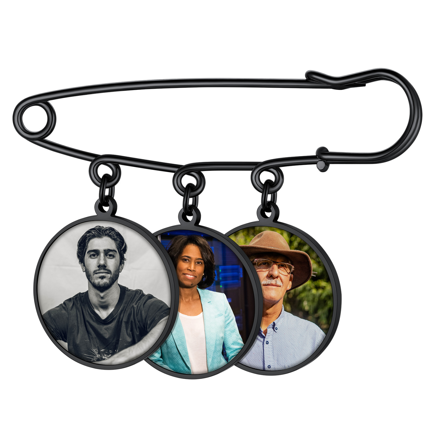 Broche Photo Personnalisée en Acier Inoxydable pour Mariage Noir 3 Charms