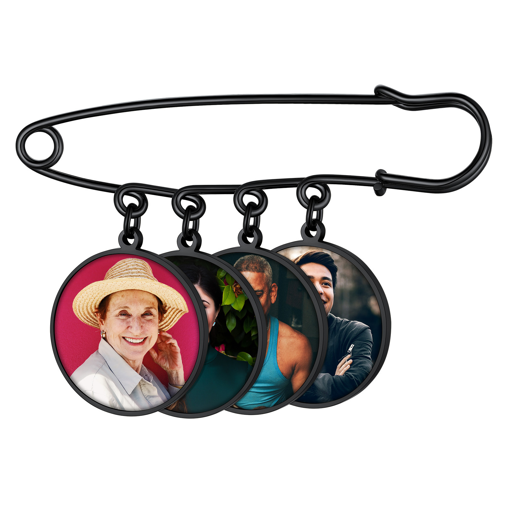 Broche Photo Personnalisée en Acier Inoxydable pour Mariage Noir 4 Charms
