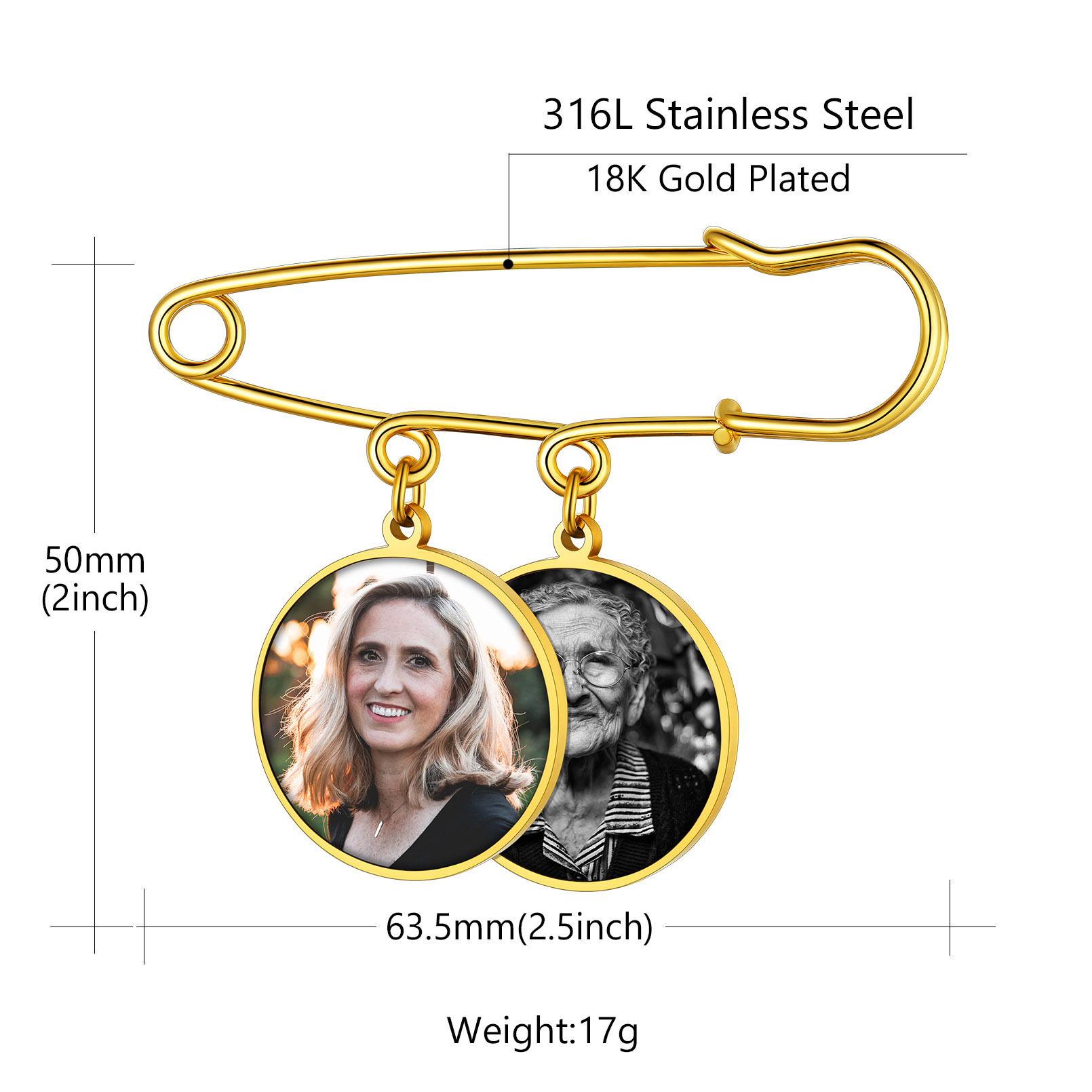 Broche Photo Personnalisée en Acier Inoxydable pour Mariage Taille 2 Charms