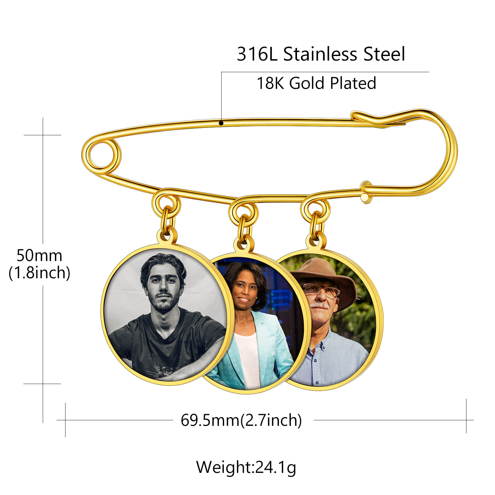 Broche Photo Personnalisée en Acier Inoxydable pour Mariage Taille 3 Charms