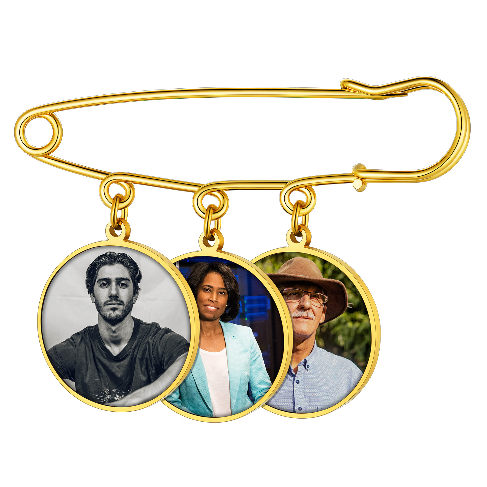 Broche Photo Personnalisée en Acier Inoxydable pour Mariage Or 3  Charms