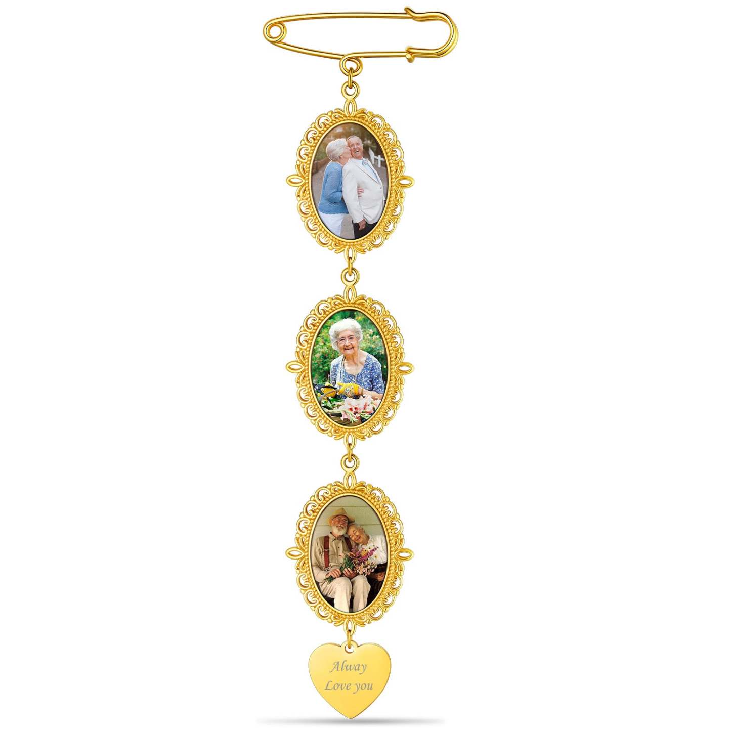 Broches Épingles Personnalisées avec 3 Photos pour Mariage Or