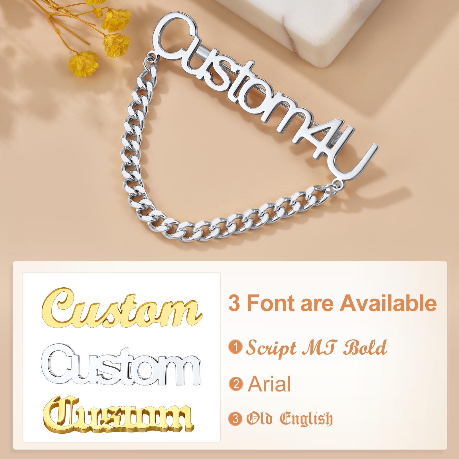 Broche Personnalisée en Acier Inoxydable avec Nom pour Cadeaux Unique Police