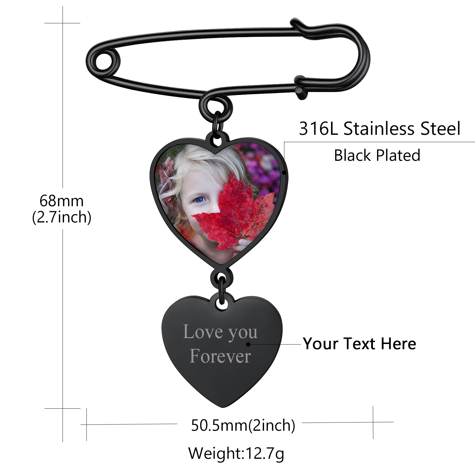 Broche en Cœur Personnalisée avec Photo 1 Image Taille