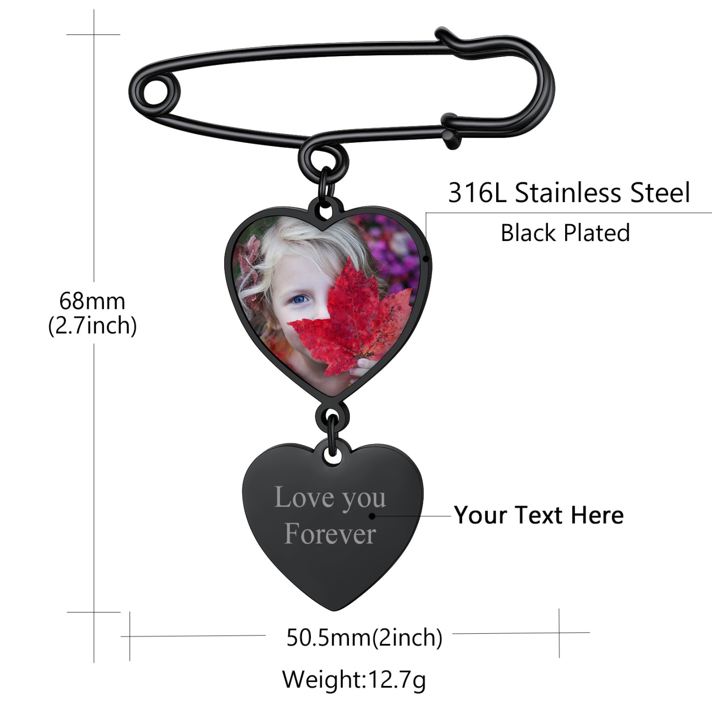 Broche en Cœur Personnalisée avec Photo 1 Image Taille